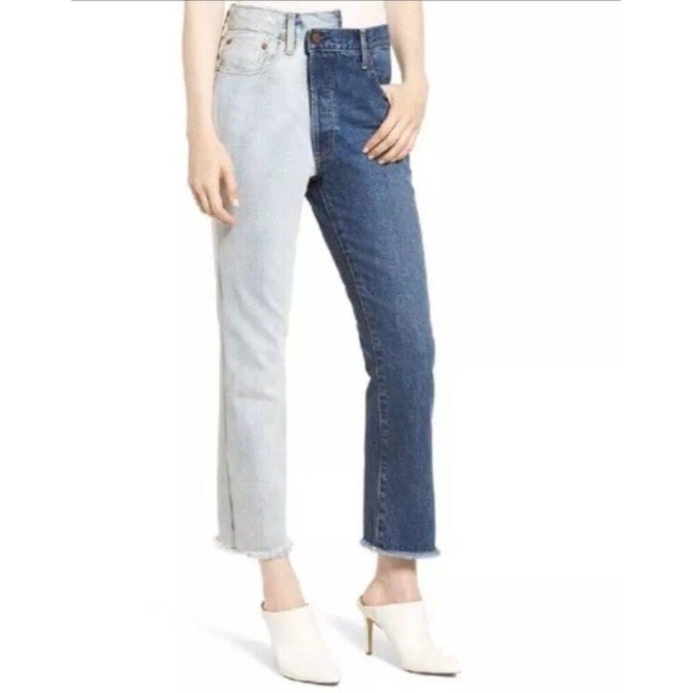 AO.LA Alice‎ + Olivia Amazing Asymmetric Two Toned High Waist Boyfriend Jeans 26